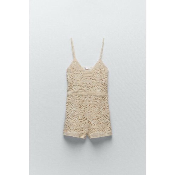 ZARA Womens CROCHET Romper M PLAYSUIT LACE MACRAME CREAM ECRU Tank Sleeveless - Picture 3 of 8